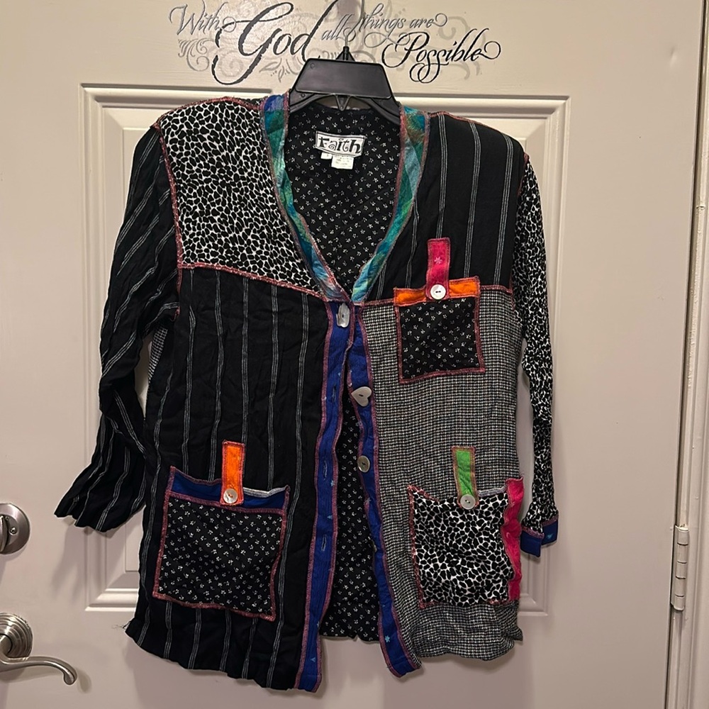 Womens Vintage FAITH Patchwork Wearable Art Jacket / Size S : D-3